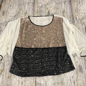 Jealous Tomato gold & black sequins top with sheer back and quarter sleeves